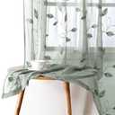 Lecloud Sage Green Sheer Curtains 38x45Inches Length S2 Panels Embroidered Leaf Pattern Pocket Faux Linen Floral Semi Sheer Voile Window Curtains/Drapes for Bedroom Living Room
