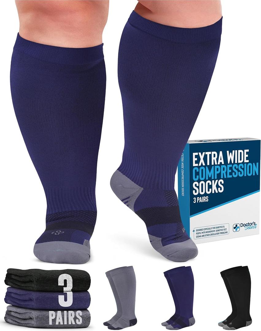 Doctor's Select 3 Pairs Plus Size Compression Socks Wide Calf - Up to 6XL | 20-30 mmHg Compression Socks for Women Wide Calf (4X-Large, 1 Pair Black, 1 Pair Grey, 1 Pair Navy)