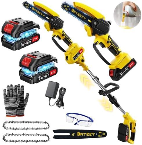 Dnveey Cordless Pole Saw Electric Tree Trimmer, 2-in-1 Polesaw & Mini Chainsaw with Extension, Includes 2x21V Batteries & Complete Kit for Pruning & Limbing