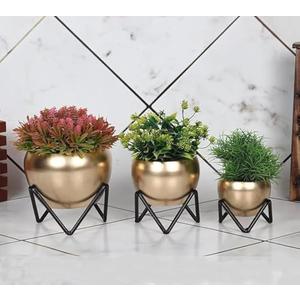 Kalakriti Metal Antique Flower Vase Pot with Stand for Home Decor Decoratives for Indoor Outdoor Living Room Balcony | Best Gift for Birthday Anniversary |Golden, 3 pcs Set, Golden
