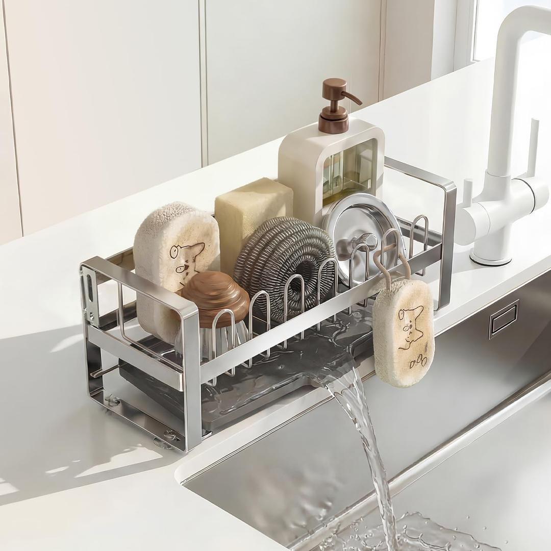 Sponge Holder for Kitchen Sink,Suction Cup 304 Stainless Steel Sink Caddy | Self Drain Tray Sink Oragnizer for Countertop, Soap Dispenser Storage, Large