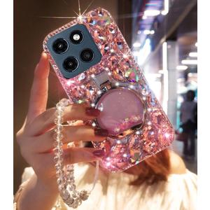 for Moto G Stylus 2025/2026 5G Bling Case Luxury for Women Girls Design Cute Shine Sparkly Glitter Diamond Gemstone Stand Handmade Phone Cover with Crystal Wrist Strap,Pink