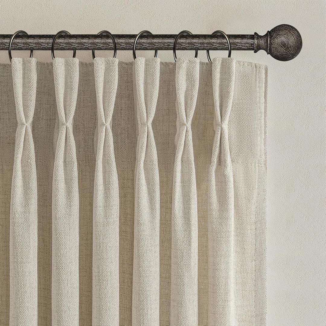 Light Brown Natural Linen 100 Inch Patio Curtains for Sliding Glass Door, Neutral Pinch Pleated Light Filtering Bedroom Sheer Aesthetic Windows Curtain Back Tab 2 Panels Set Taupe Beige Drapes 8-1/3FT
