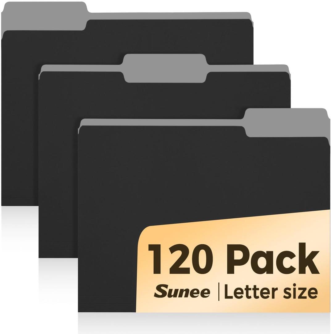 SUNEE File Folders, 120 Pack Manilla Folders 8.5 x 11, 1/3 Cut Tab for Easy Labeling and Organization, Durable Standard Paper for Home, Office, School Filing, Black