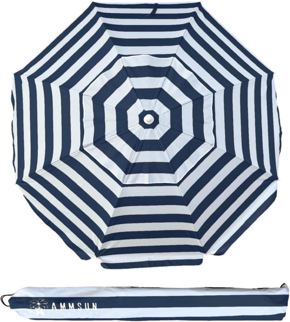 AMMSUN 6.5ft Portable Beach Umbrella for Sand with air vent Tilt Pole, Carry Bag UV 50+ Protection Outdoor Umbrellas Windproof for Patio Garden Beach Pool Backyard Navy Stripe
