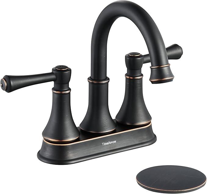 TimeArrow Oil Rubbed Bronze 2 Handle Centerset Bathroom Sink Faucet with Pop up Drain, High Arc Modern 4 Inch Bathroom Vanity Lavatory Faucet for 3 Holes with Brass 360° Swivel Spout, TAF067YORB