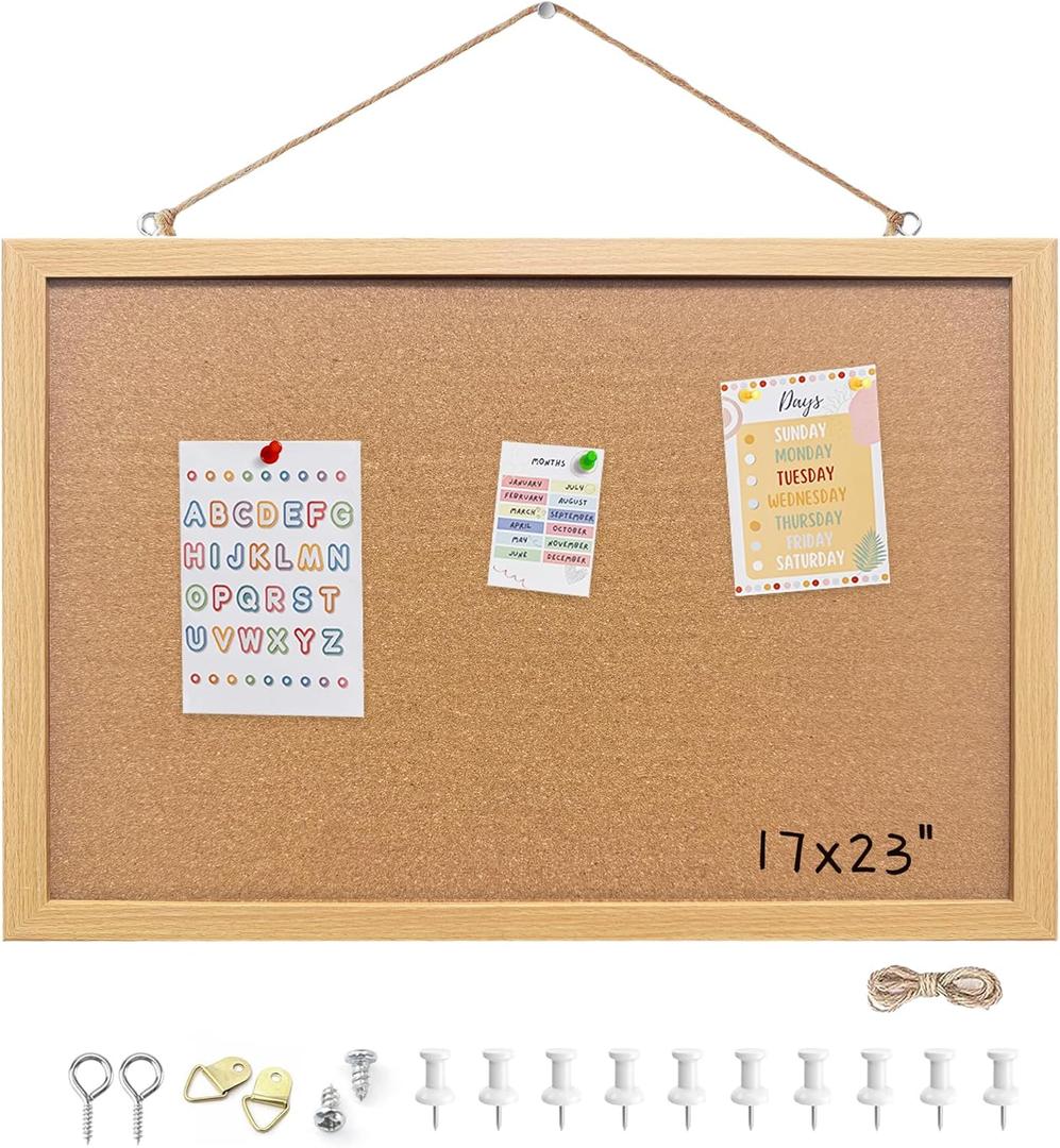 Cork Bulletin Board, 17x23 Inches Hanging Cork Board Wooden Framed with Pins for Wall, Dorm Room, Office, Home Decor  Natural Cork & Black Frame (Crude)