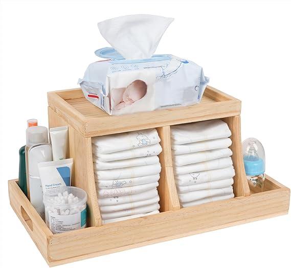 Busidhji Diaper Caddy Organizer, Changing Table Organizer, Wooden Diaper Organizer for Nursery, Baby Diaper Storage Organizer with Removable Dividers (Brown, Rectangular Size)