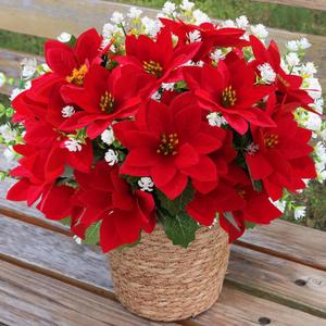 Christmas Artificial Flowers for Outdoors Red Poinsettia Flowers Artificial 12 Bundles Mixed UV Resistant Faux Flowers for Outdoor Planters Garden Porch Patio Home Winter Decor