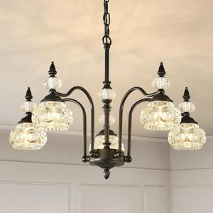 Vintage Crystal Pendant Light Fixture 24-Inch, 5-Light Victorian Black Modern Farmhouse Chandelier Hanging Lighting for Dining Room, Kitchen Island, Living Room, Bathroom, G9 Base