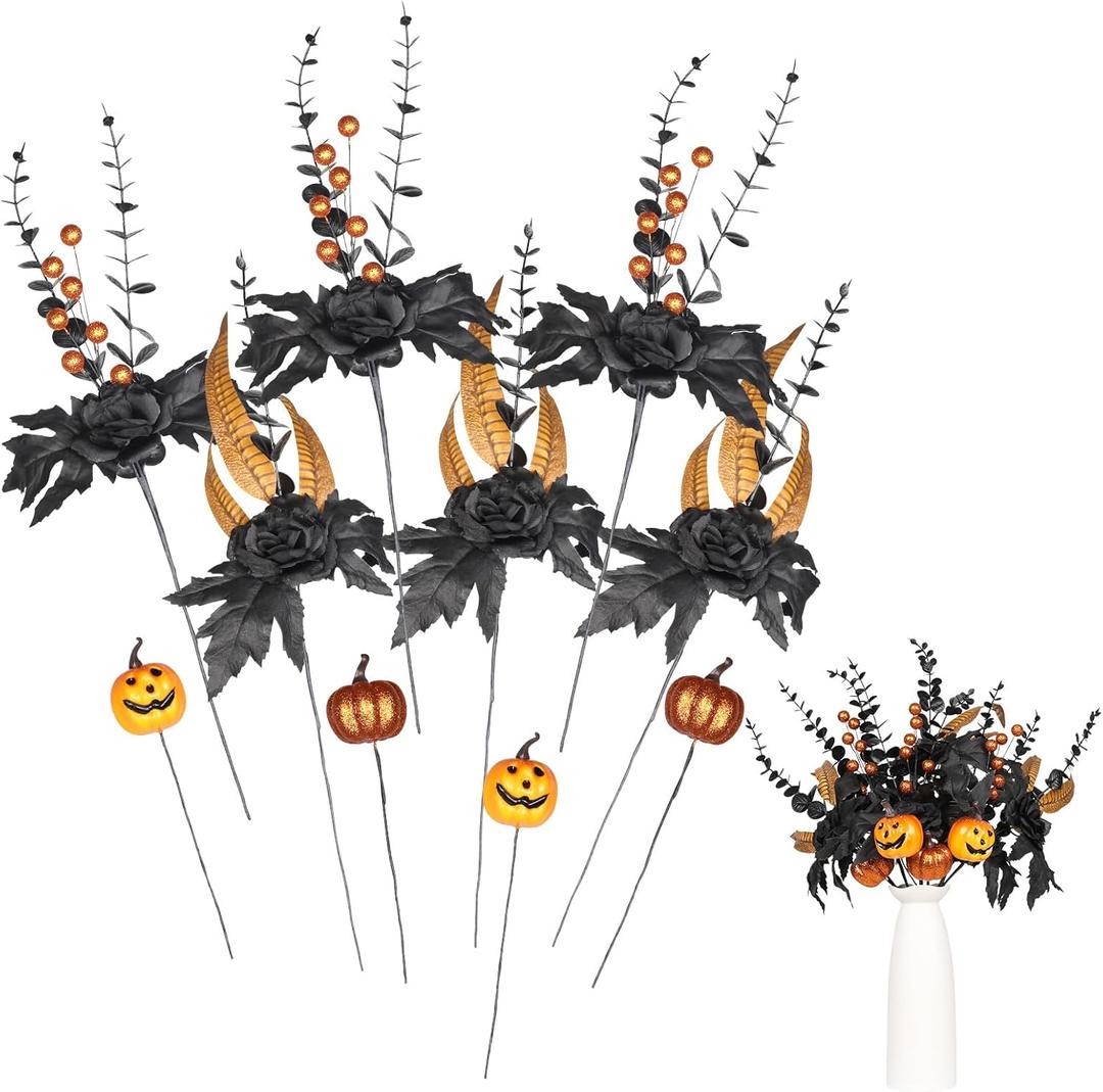 SY Super Bang Halloween Decorations, 10PCS Artificial Black Flowers Maple Leaf Orange Pumpkin Berry Floral Stems Vase Arrangement Branches Decor, for Home Indoor Party Holiday Living Room