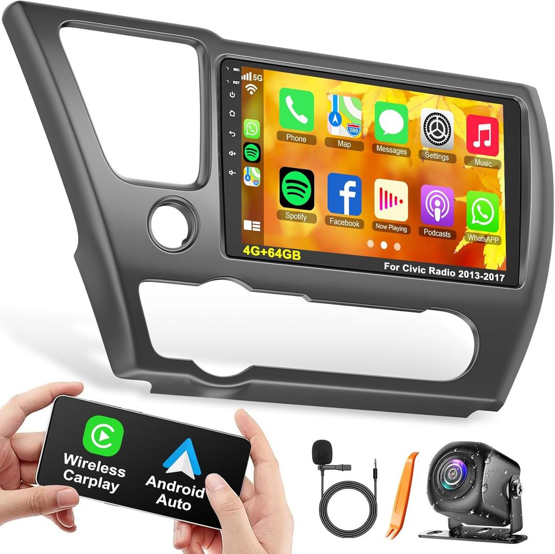 [4G+64G] Android 13 Car Radio for Honda Civic 2013-2017(Only US Version), 9 IPS Touchscreen Supports Wireless Carplay&Android Auto, Bluetooth &GPS,FM Radio& Back-up Camera, Civic Stereo