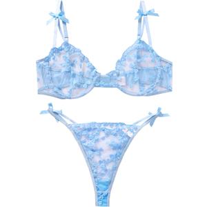 Sexy Womens Underwire Strappy Embroidered Mesh Sheer Lingerie V Neck Set See Bra 2 Piece (Small, Blue)
