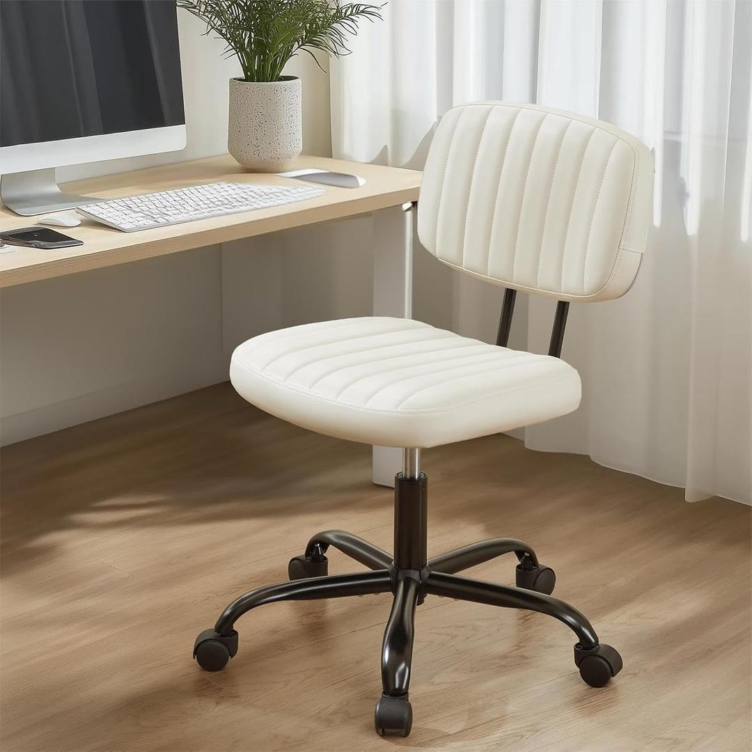 Sweetcrispy Small Office Desk Chair - Armless PU Leather with Comfy Lumbar Support, Height Adjustable Rolling Swivel Task for No Arms, for Adult, Student, Bedroom, Home, Vanity, Beige White