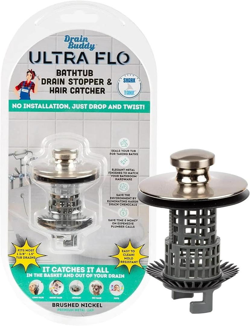 Drain Buddy Ultra Flo No Installation 2 in 1 Clog Preventing Tub Drain Stopper and Hair Catcher for 1 3/8" to 1.5" Bathtubs and Utility Sinks Brushed Nickel Metal Cap