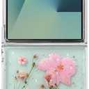 Abbery for Samsung Galaxy Z Flip 7 Case Cute Clear Dry Real Flower Design Glitter Sparkly Protective Shockproof Aesthetic Women Girly Bling Stars Cherry Blossoms Pink Floral Case for Galaxy Z Flip 7