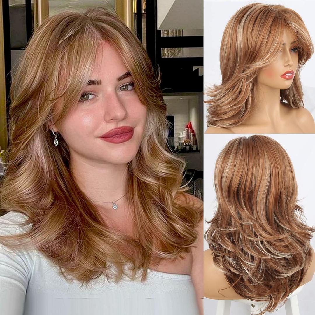 LEOSA Strawberry Blonde Wig With Curtain Bangs - Long Honey Wavy Layered Cut for White Women, Synthetic Mixed Hair for Daily Party Use (18 Inch)