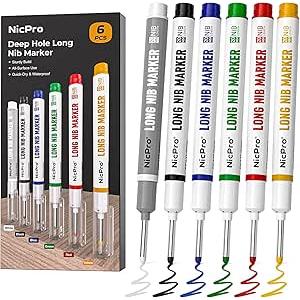Nicpro 6 PCS Long Nib Marker Pens, 20mm Deep Hole Marker, Quick Dry & Waterproof Construction Markers, Long Head Markers for Metal, Steel, Tile, Glass, Carpenter Marking Pen for Woodworking (Colorful)