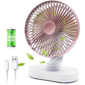 Small Oscillating Fan for Bedroom, 4000mAh Battery Powered Rechargeable Fan, 90 Vertical Manual and 120 Oscillating Desk Fan, 4 Speeds Air Circulator Fans, Quiet Table Fans for Home Office Travel (Rose Gold)