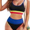 Herseas Womem 2 Piece High Waisted Bestselling Bikini Set Color Block Swimsuit 2025 Summer Beach Swim Bathing Suit (X-Large, Black Blue Colorblock)