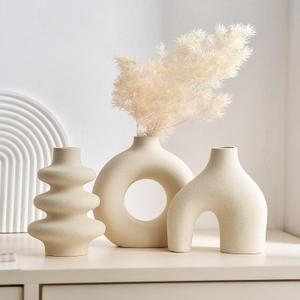 White Ceramic Vase Set of 3, Small Flower Vases for Pampas Grass, Modern Boho Vase for Decor, Round White Vases Centerpieces for Wedding Living Room Bedroom Coffee Table Dinner Table