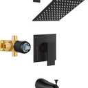 Shower Faucet Set with Tub Spout Bathtub Faucet Kit Shower Tub Faucet Set Complete Tub Shower Trim Kit with Solid Brass Rough-in Valve and Rainfall Square Showerhead Matte Black