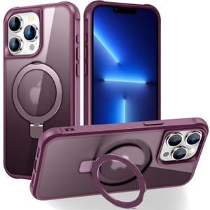Apple iPhone 12 & 13 Pro Max Case: Invisible Magnetic O-Ring Stand Military-Grade Translucent Case - Wine Red
