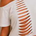 Hilinker Women Off The Shoulder Crop Tops Sexy Cut Out Ripped Short Sleeve Cropped T Shirts (White, M)