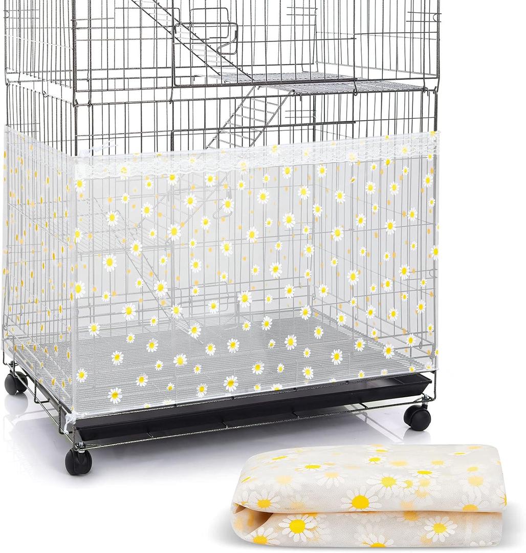 Shappy Large Bird Cage Net Cover for Seed Bird Cage Skirt Seed Catcher with Daisy Pattern Adjustable Nylon Protector for Budgie Parrot Parakeet Macaw(X-Large,White Daisy)