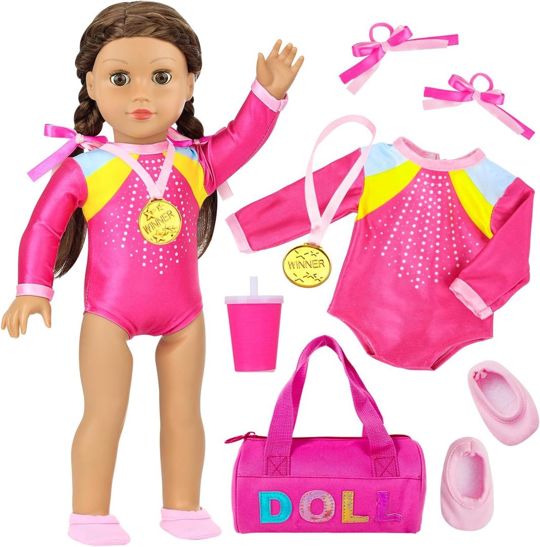 K.T. Fancy 18 Inch Doll Gymnastics Clothes Set - Pink Leotard, Shoes, Gym Bag, Olympic Medal, Water Bottle & Hair Accessories for PlayDoll Not Included