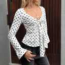 Women Y2k Polka Dot Bow Tie Front Split Hem Peplum Crop Tops Coquette Sweetheart V Neck Long Sleeve Fall Shirts (S)