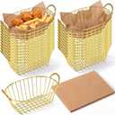 24 Pack Metal Wire Fast Food Baskets with 100 Food Blotting Sheets 7.3 x 4.6 x 3.4 Inch Oval Serving Baskets for Fries, Chicken, Sandwiches, Bread, and Snacks(Gold)