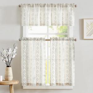 JINCHAN Boho Gray Stripe Kitchen Curtains and Valance Set Linen Tier Curtains Bohemian Small Window Drapes 36 Inch for Cafe Living Room Bathroom Window Treatments Rod Pocket 3 Pieces Set Grey on Beige, 26"W x 36"L