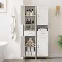 Homhedy 67" H Bathroom Storage Cabinet, Tall Storage Cabinet with Adjustable Shelves, Freestanding Cabinet with Doors and Drawer, Narrow Cabinet for Bathroom, Living Room, Kitchen, Dining Room, White, 11.8"D x 15.7"W x 67"H