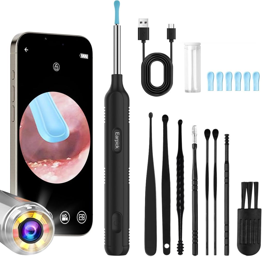 Red Light Illumination Ear Wax Remover Kit [6-in-1] - Smart Otoscope with 1080P Camera & Safety Spoon - Pain-Free Ear Cleaning Tool Compatible with iOS/Android, Ideal for Kids/Adults