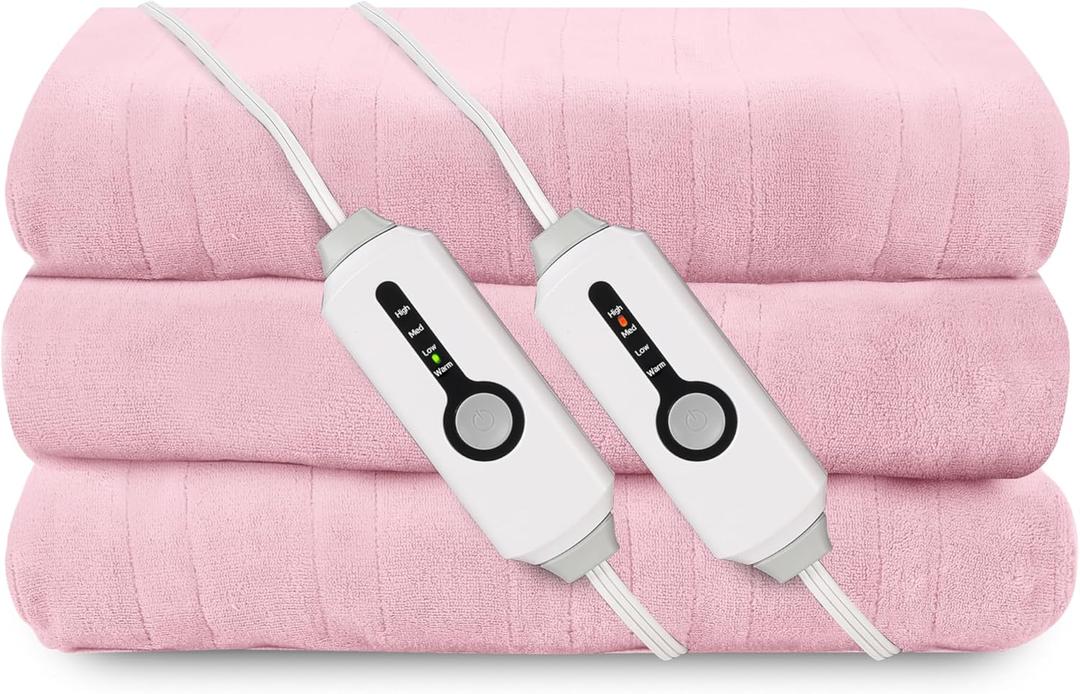 Electric Heated Blanket 84"x90" Queen Size, Soft Coral Fleece, Dual Controllers with 4 Heating Levels and 10 Hours Auto-Off, Machine Washable, Cozy Plush Fabric for Home, Pink
