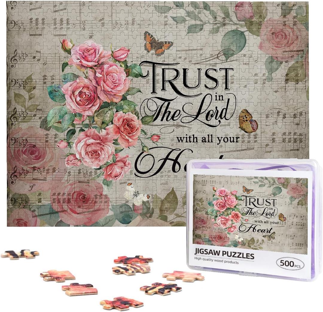 Christian Jigsaw Puzzles 500 Pieces for Adults, Trust in The Lord Bible Quote with Roses & Sheet Music, Religious Wooden Puzzle for Stress Relief, Faith-Based Gift & Wall Decor (Black Pink)