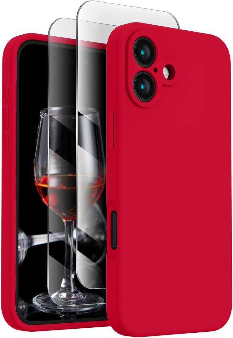 FireNova Designed for iPhone 16 Plus Case, Silicone Upgraded [Camera Protection] Case with [2 Screen Protectors], Soft Anti-Scratch Microfiber Lining Inside, 6.7 inch, Deep Red