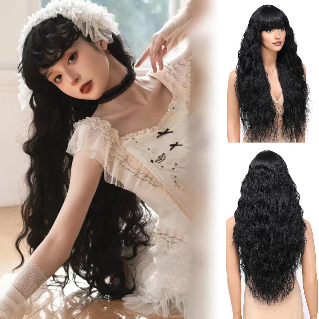 Long Wavy Wig with Bangs for Women,Wig Long Bangs Wig,Natural Looking Synthetic Heat Resistant Hair (Black-32Inch, 32Inch) (1B)