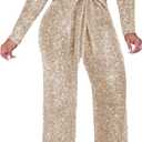 Women's Sparkly Jumpsuits Sexy Long Sleeve Cocktail Elegant Mock Neck Bodycon Straight Long Pants Rompers with Pockets (Beige, XXL)