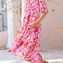 PRETTYGARDEN Women's Summer Beach Maxi Dress Short Sleeve Buttons Tiered Ruffle A Line Swing Dresses (Pink, S)