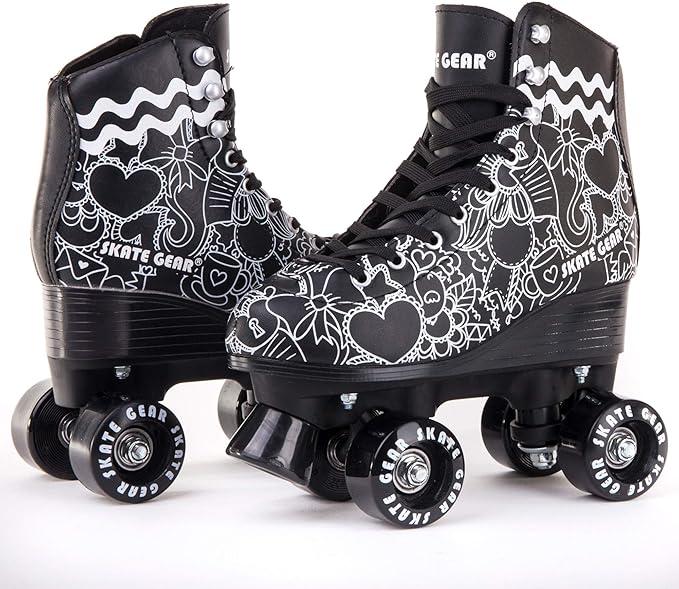 Skate Gear Retro Quad Design Roller Skates (Youth 1, Graphic Black)