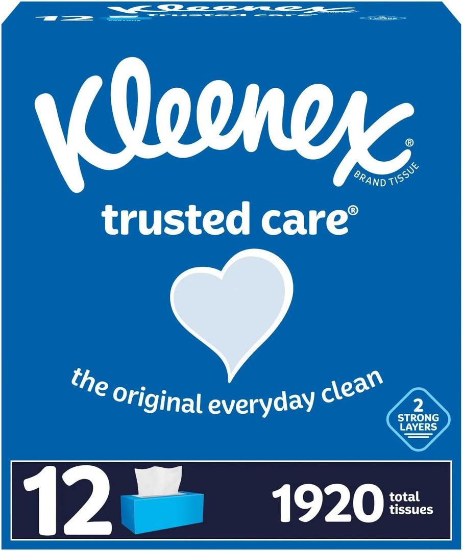 Kleenex Trusted Care 2-ply Facial Tissues, Flat Boxes (160 tissues/box, 12 boxes) (White)