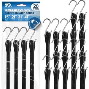 Solid As Mountain Bungee Cords with Hooks 20 Pack Heavy Duty Black Rubber Tarp Straps 15", 21", 31", 41" for Cargo, Camping & Luggage, 180 lbs Load
