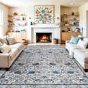 10 x 14 Area Rug - Floral Living Room Area Rug Washable Vintage Rugs Low Pile Non Slip Carpets with Rubber Backing Soft Indoor Thin Rug for Bedroom Dining Room Office 10x14 Blue Cream