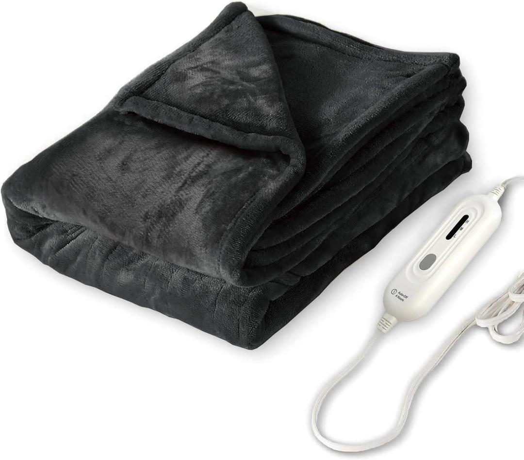 Tefici Electric Heated Blanket Throw, Super Cozy Soft 2-Layer Flannel 50" x 60" Heated Throw with 3 Heating Levels & 4 Hours Auto Off, Machine Washable, ETL&FCC Certified, Home Office Use,Black