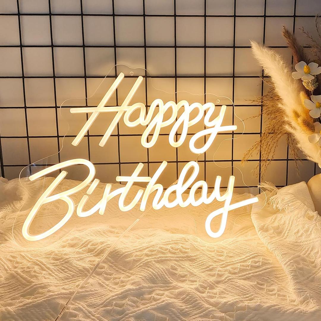 Happy Birthday Neon Sign, Happy Birthday Light Up Sign, Neon Happy Birthday Sign, Happy Birthday Led Sign for Backdrop All Birthday Party Decoration USB Powered Warm White,16.5"x 12" (Plug not provided)