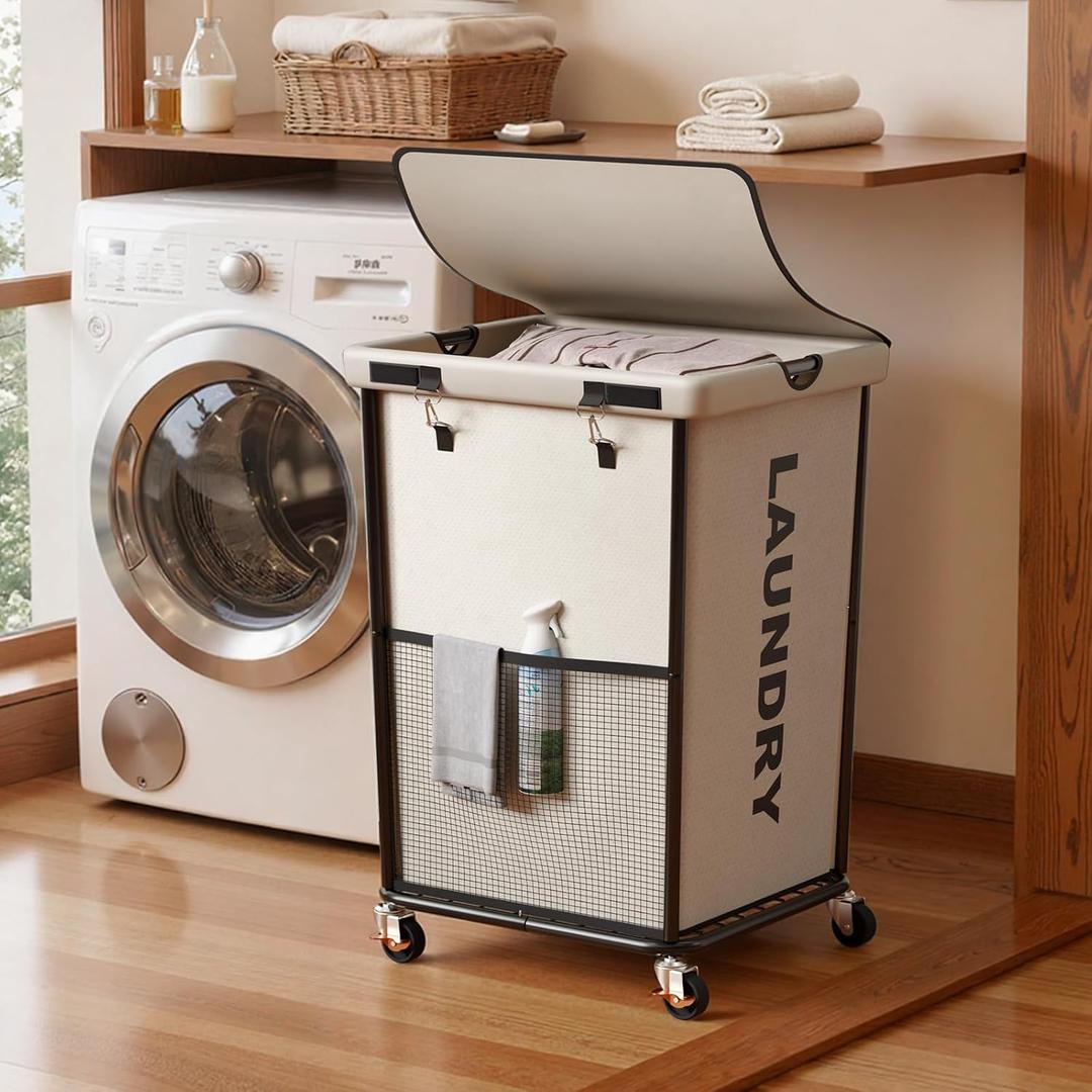 150L Laundry Basket with Wheels, Rolling Laundry Hamper with Cloth Cover, Laundry Cart with Metal Frame & Removable Bag, Large Dirty Clothes Hampers for Bedroom Aesthetic Laundry Room Bathroom, White