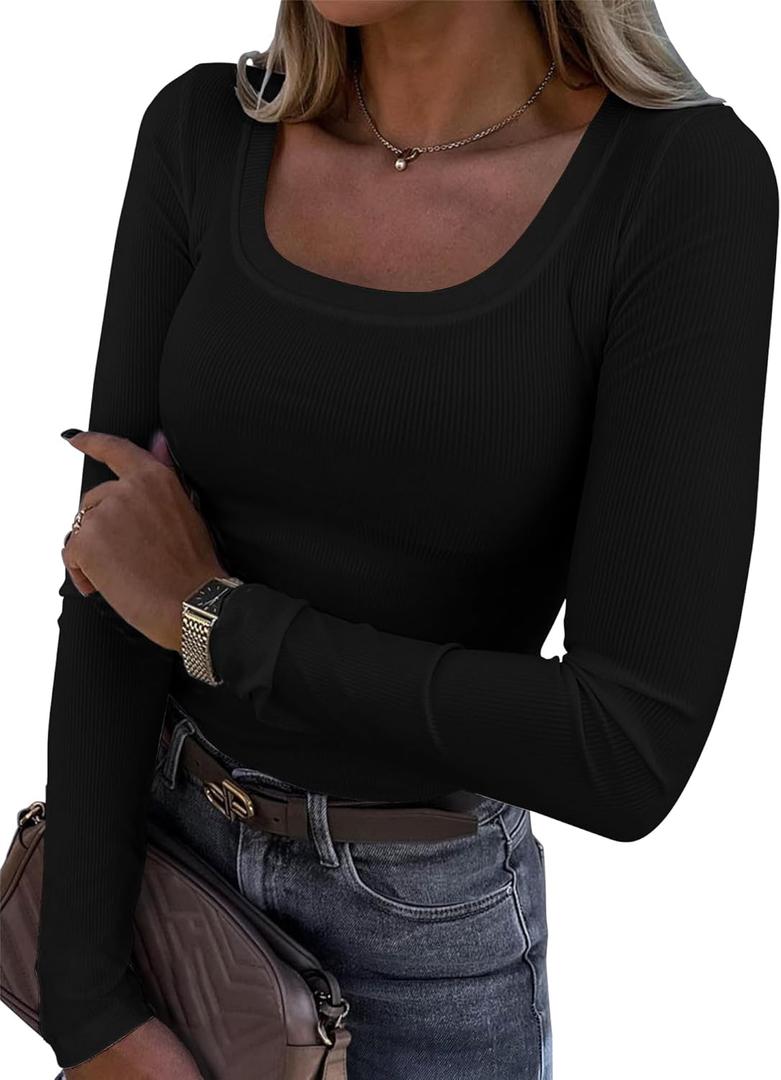 Women Short Sleeve Tops Ribbed Knit Slim Fit U Neck Top Basic Tee Shirts for Summer Casual Trendy Blouse (M, Black Long Sleeve)