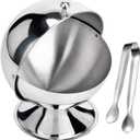Sugar Bowl with Roll Top Stainless Steel Spherical Candies Bowl with 4.3 Inch Sugar Tong Stainless Sugar Clip for Kitchen Coffee Bar Beverage Household